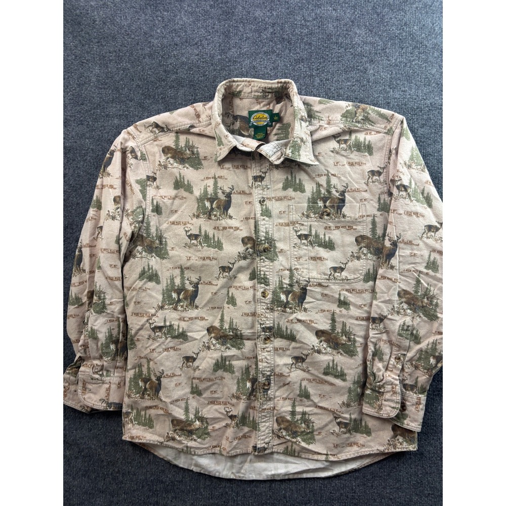 Cabelas Button Down Shirt Mens Large Tan Deer Wildlife Print Flannel Cotton